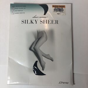JCPenney Sheer Caress Silky Sheer Pantyhose Off Black Queen Short Control Top D3